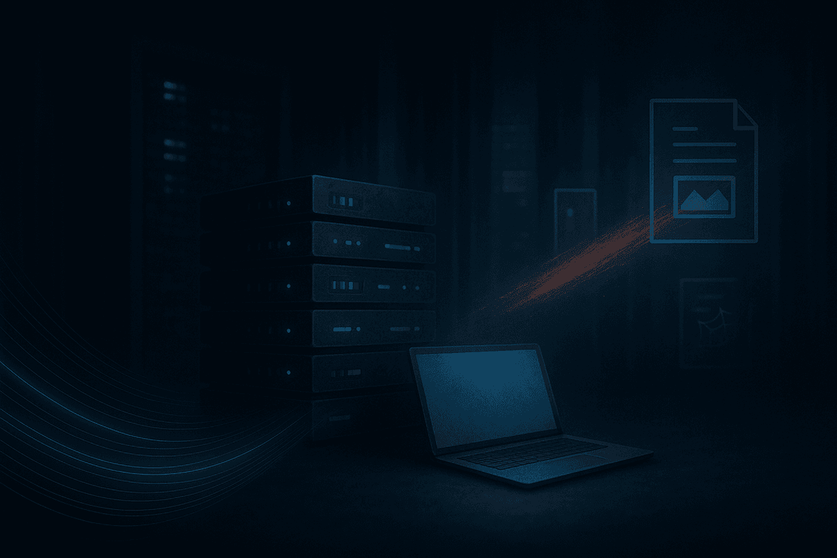 Server room with glowing data visualization showing business continuity system with automated backups and disaster recovery capabilities ready for immediate restoration