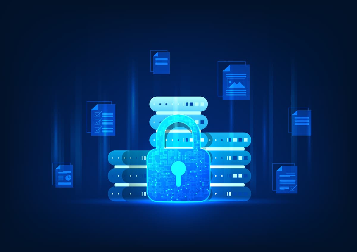 Glowing blue lock securing cloud data storage servers, representing protection of Microsoft 365 and Google Workspace with automated backups and advanced security monitoring