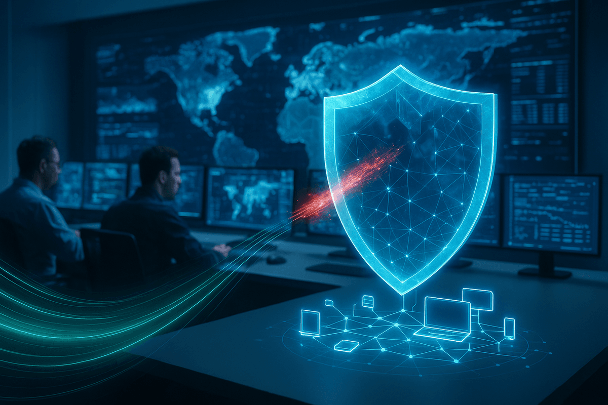 Photorealistic SOC scene showing real-time cybersecurity threat detection, automated isolation, and expert 24/7 monitoring in action.